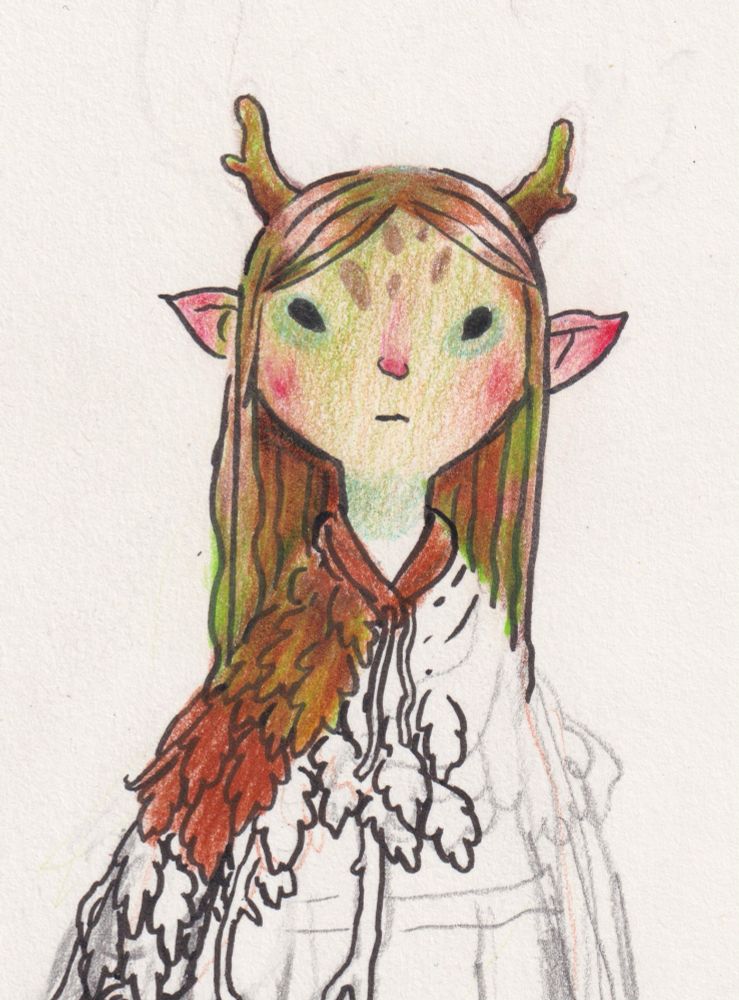 a drawing of an elf with long hairs and antlers and greenish skin and a cloak of leaves