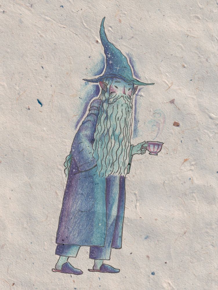 a drawing of a wizard with blue robes and a long beard holding a cup of tea