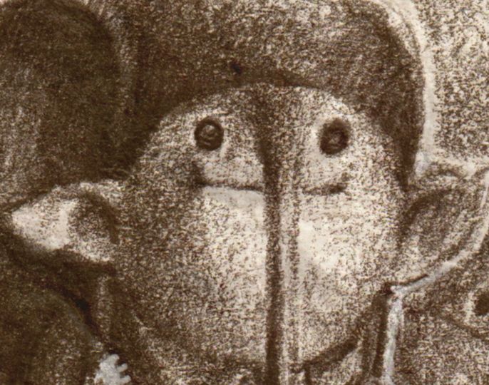 a drawing of a goblin's face in pencil the goblin has a smile and a long nose