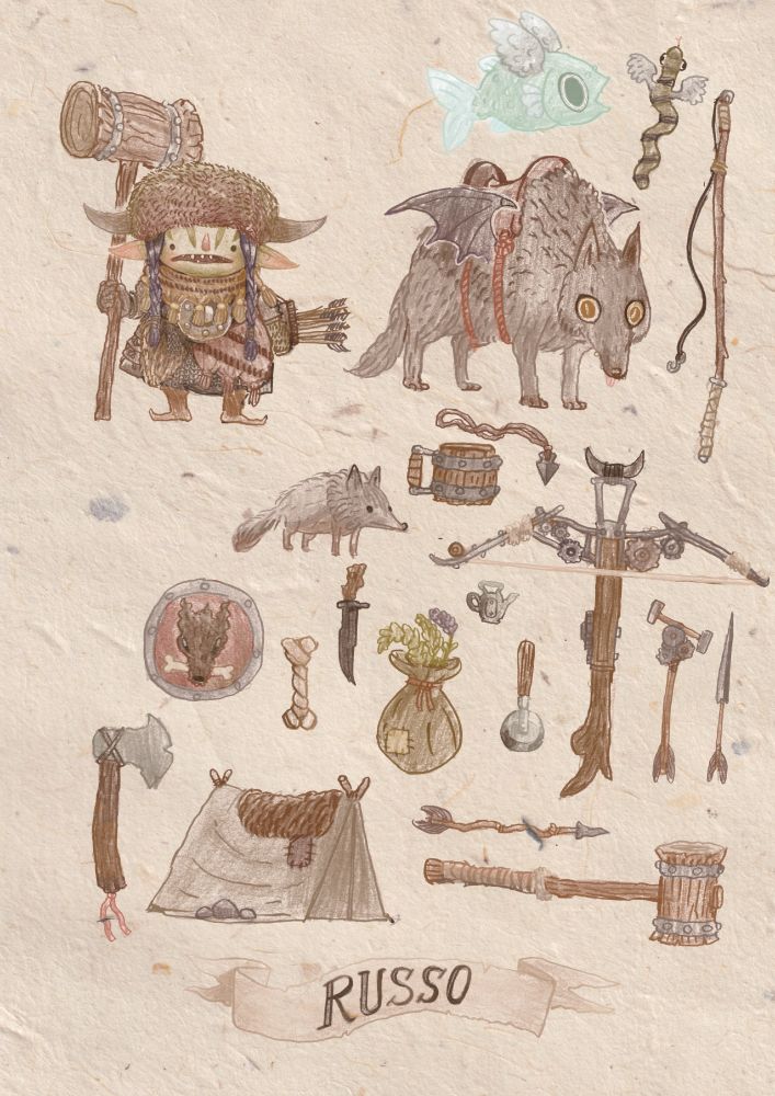 a drawing of a goblin with a fur hat with horns holding a mallet, a fish with wings, a snake with wings, a wolf with bat wings and a saddle, a small wolf, a fishing rod and various tools and weapons and a tent.