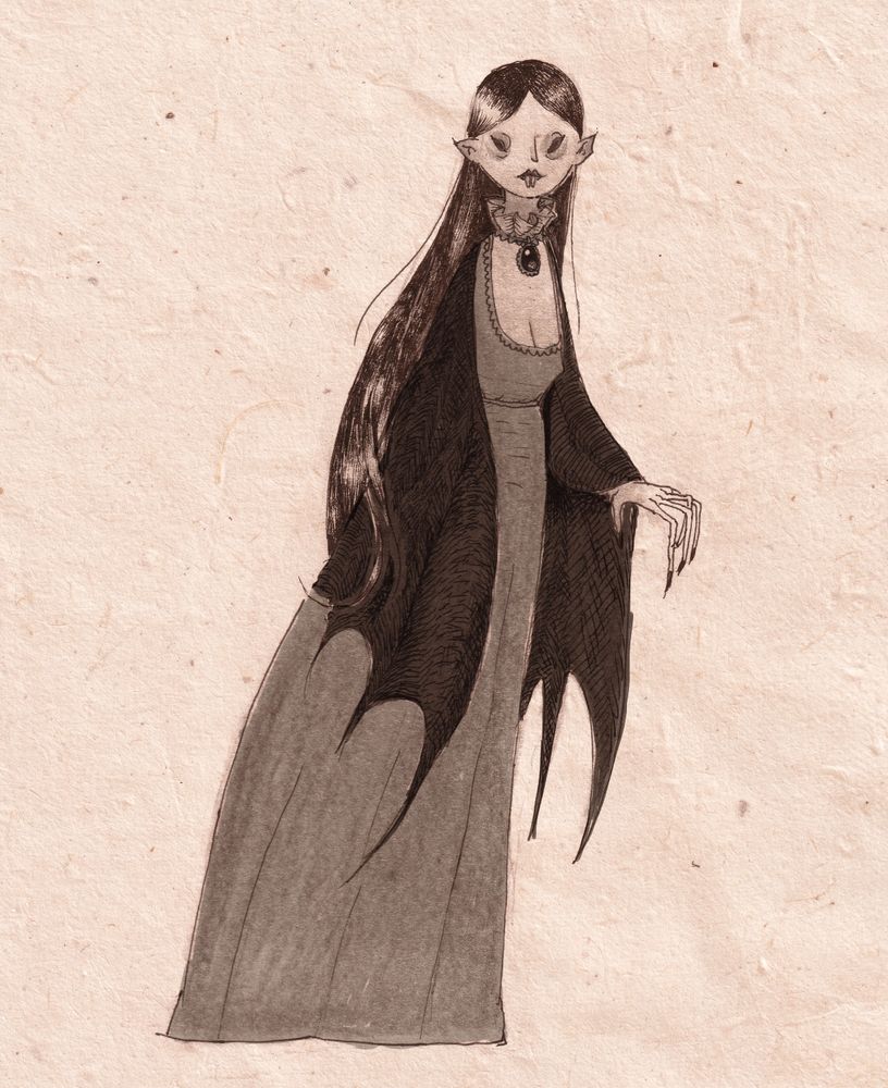 a drawing of a vampire with a batwing cloak and a dress. The vampire has long dark hair.