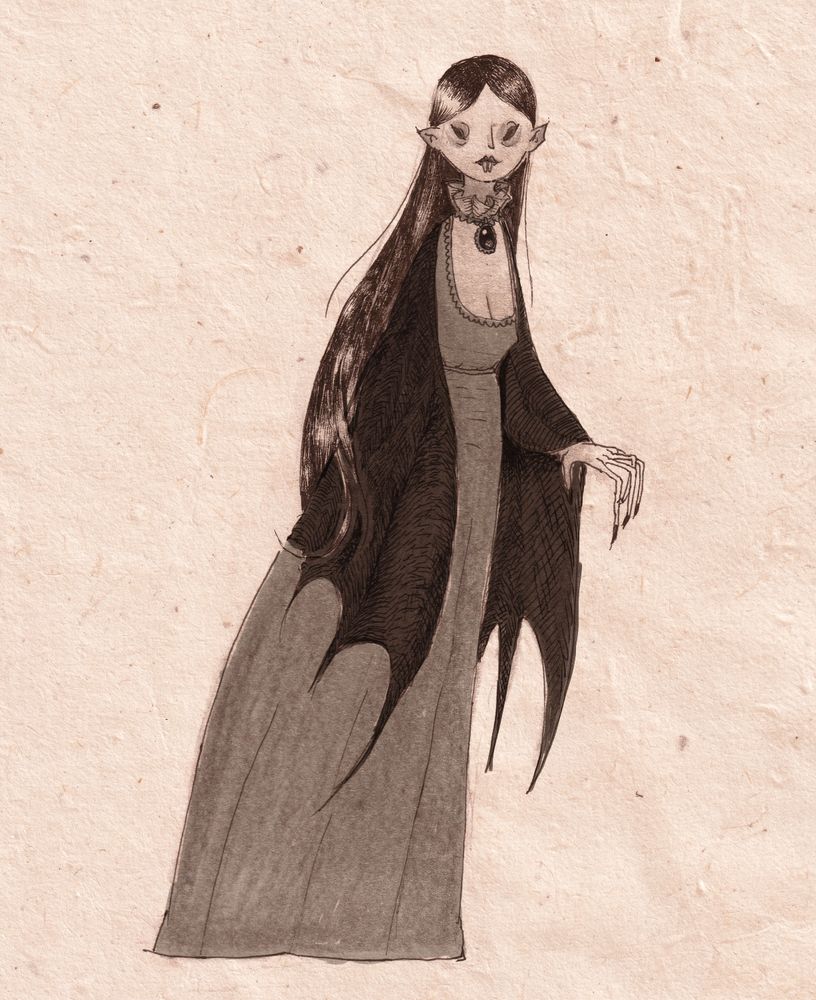 a drawing of a vampire with long black hair and a bat-wing cloak, wearing a dress