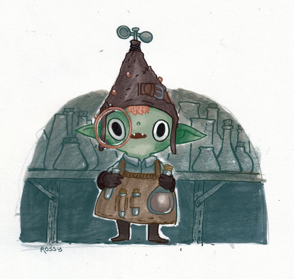 a drawing of a goblin in a laboratory holding a glass bottle and wearing a hat with a large monocle