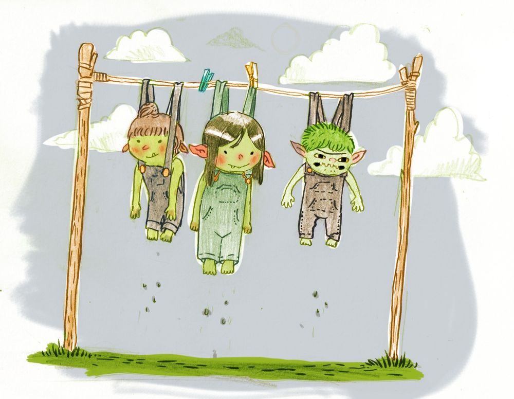 Three goblins on a washing line, hanging by their overall straps
