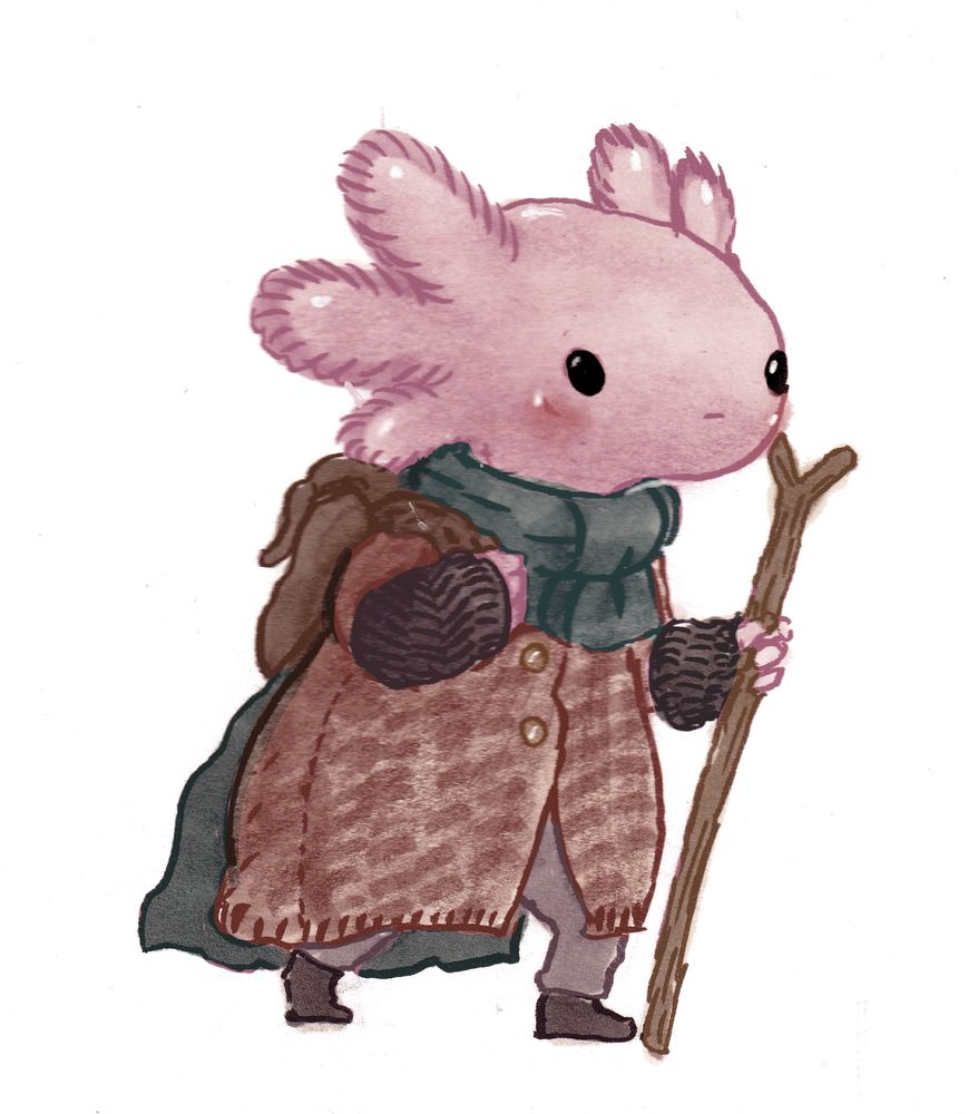 a drawing of a humanoid axolotl wearing a warm coat and gloves and a scarf, holding a backpack and a walking stick