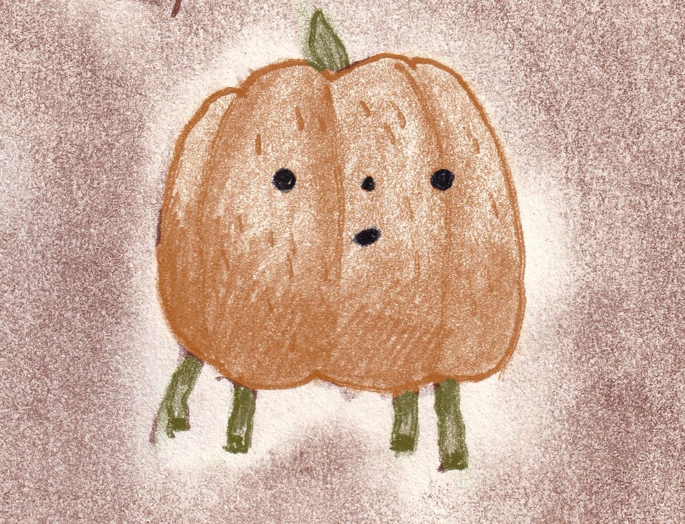 A pumpkin with a face and four green legs.