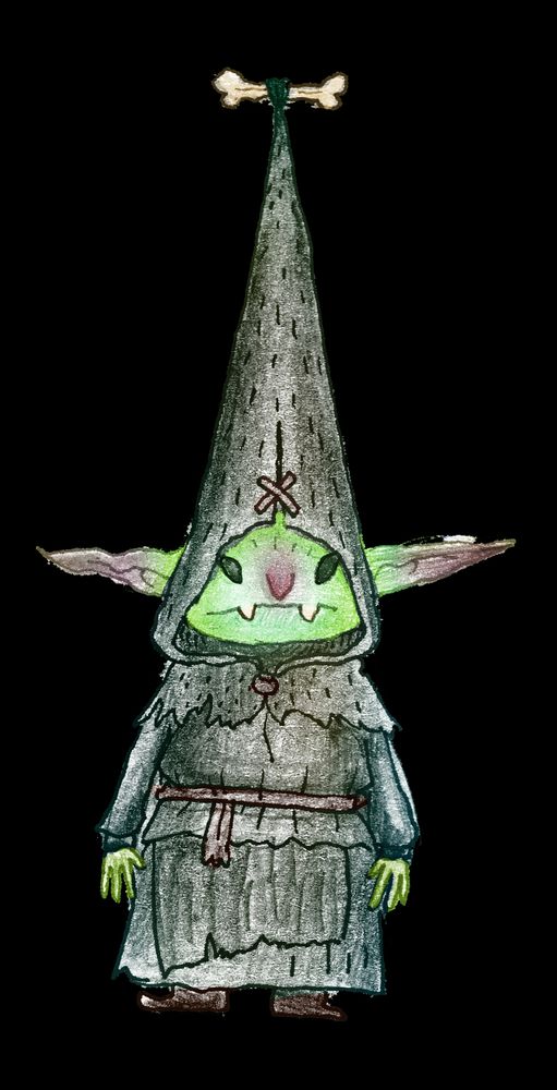 A goblin wearing a hood and robes the hood has a long point on top decorated with a bone