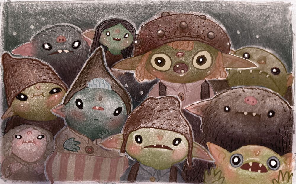 a drawing of lots of goblins of all different varieties 
