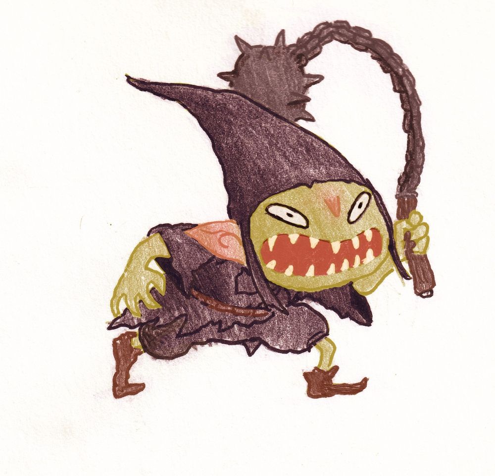 An angry goblin wearing a black costume and pointy black hat, wielding a spiked ball on a chain.