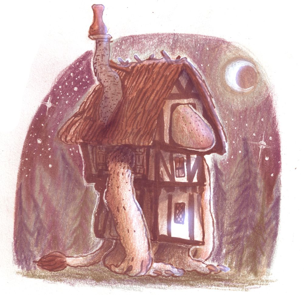 a drawing of a house which has a troll inside it with the trolls nose and limbs emerging from the windows there is a forest and a moon in the background