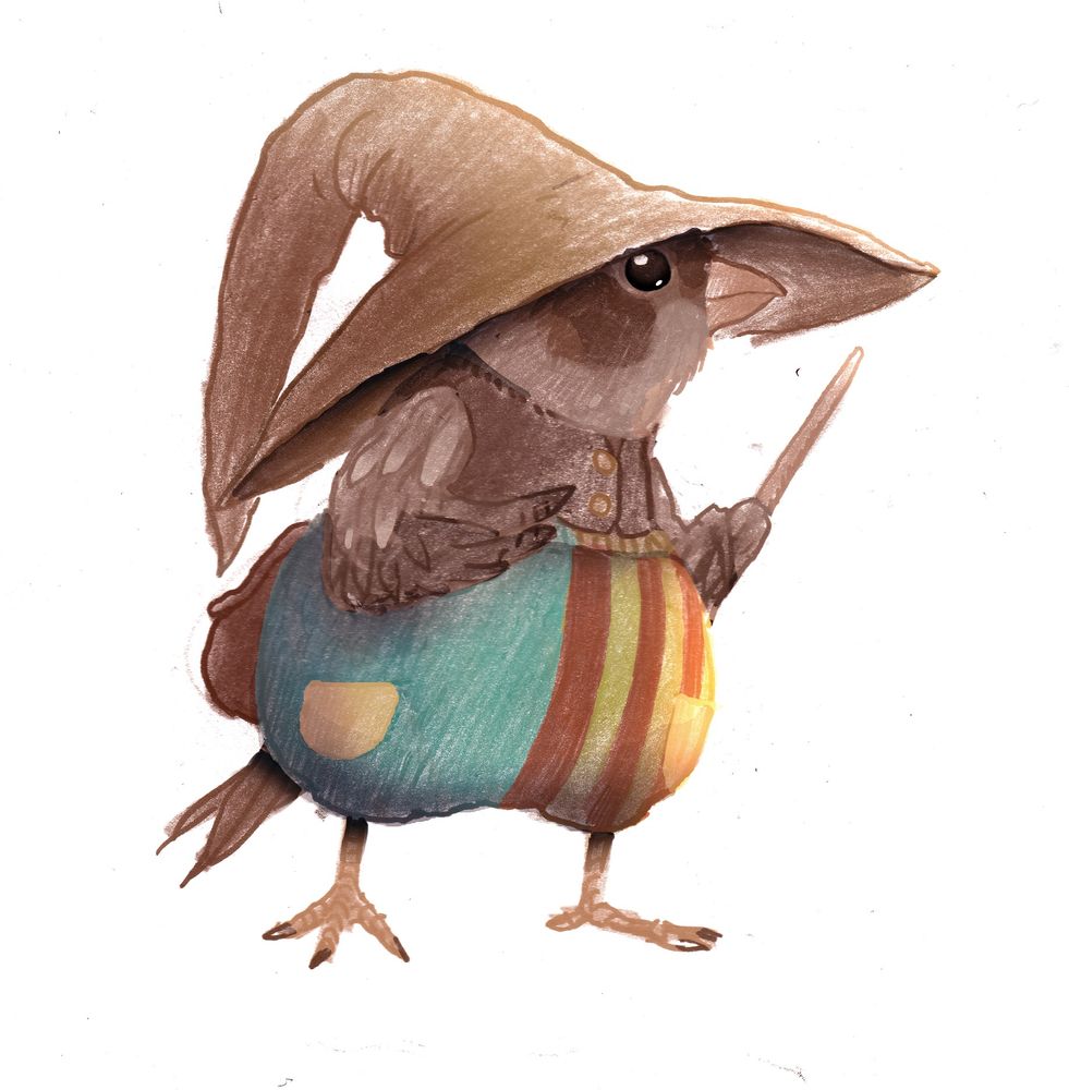 a drawing of a bird-person wearing a very big hat and colourful stripy trousers and holding a wand