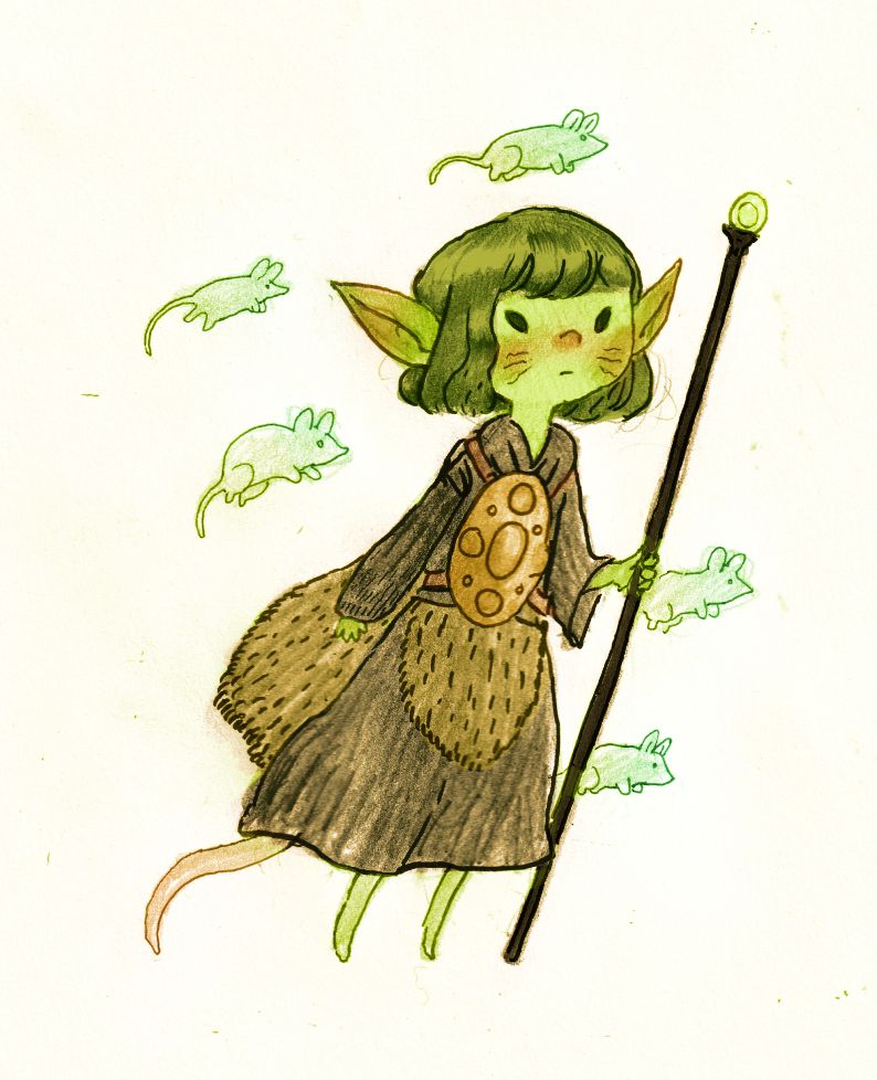 drawing of a goblin with a tail and whiskers surrounded by magic rodents who float in the air.