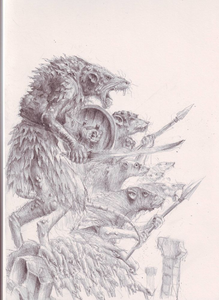 a pencil drawing of some rat-like people who look angry and they have spears and one has a sword and shield and there are lots of normal rats running at their feet.