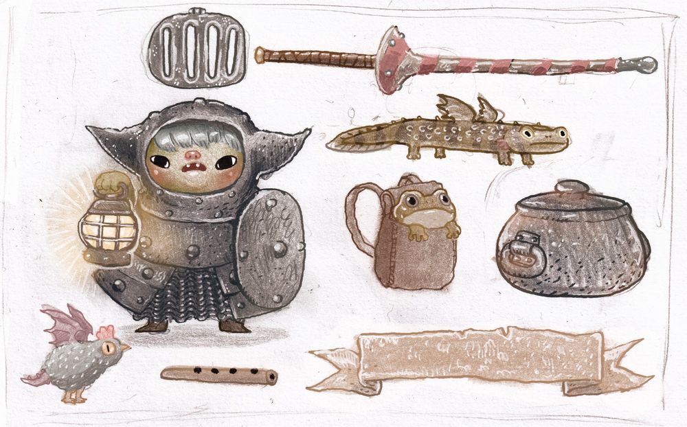 a drawing of an armoured goblin with a flute, a small cockatrice, a frog in a backpack, a pot, a lance and a long newt with wings.