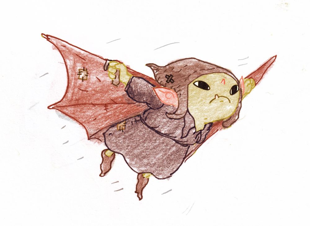 drawing of a goblin flying with fabric wings