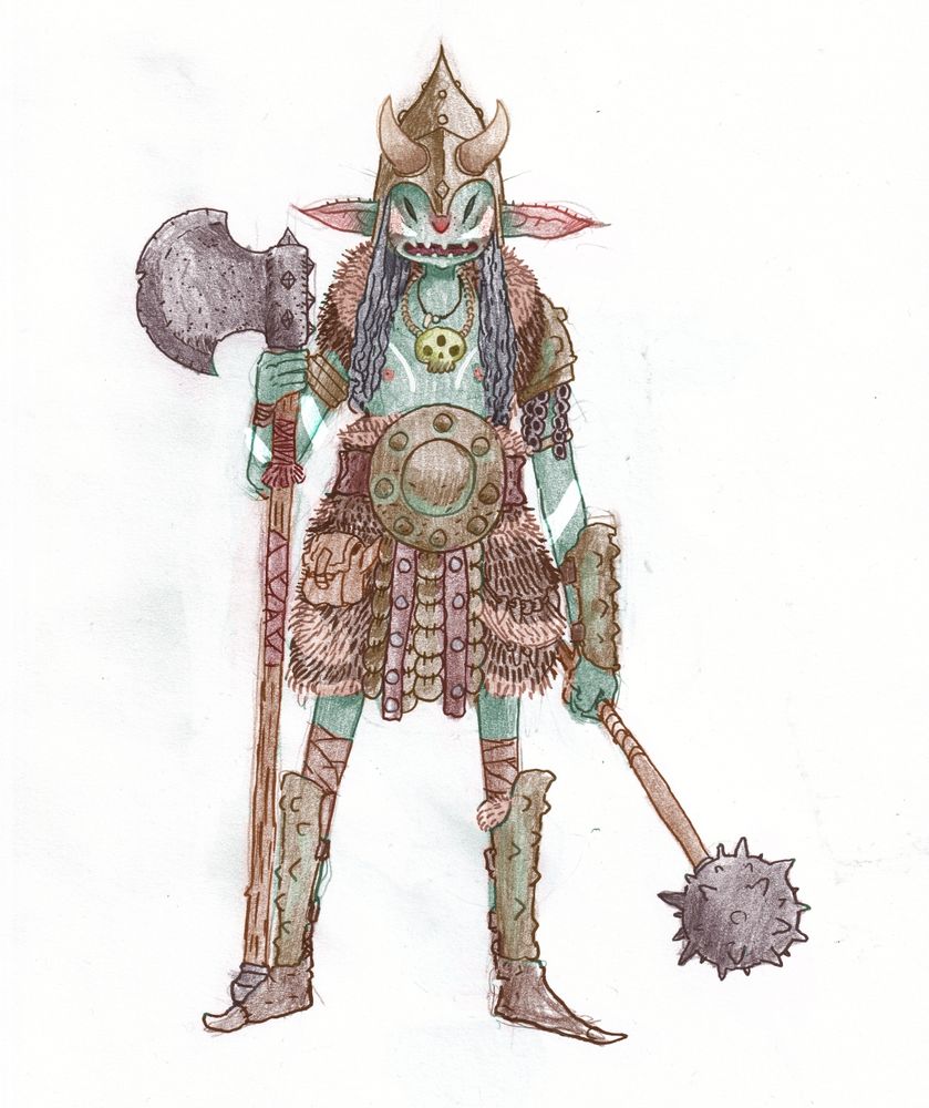 a drawing of a goblin with a horned helmet, wearing fur and holding an axe and a spiked mace