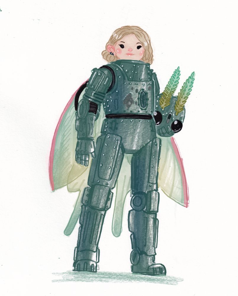 a drawing of a person wearing a suit of armour and moth wings, holding a moth themed metal helmet.