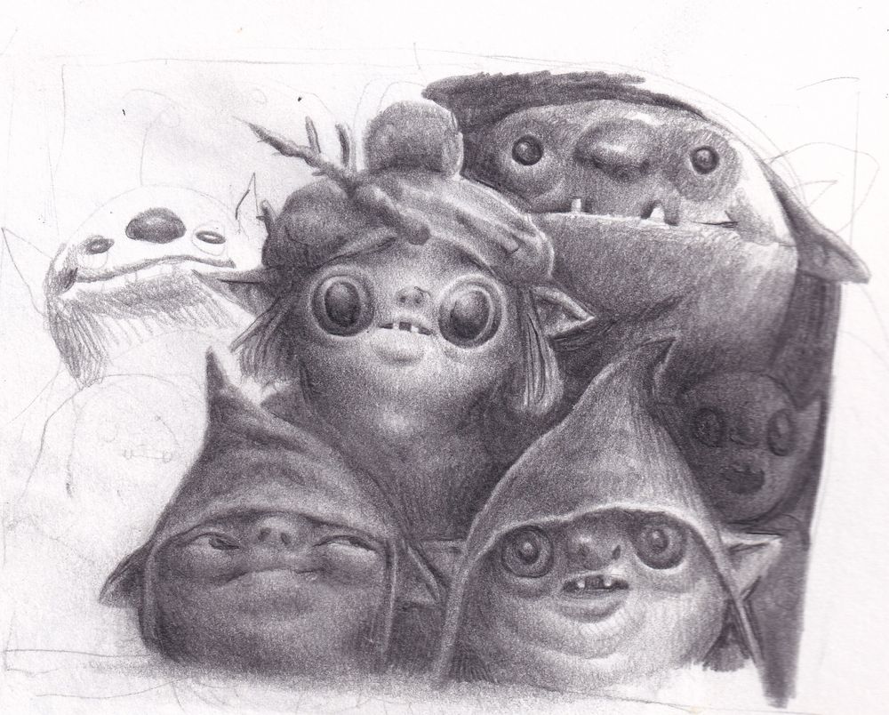 a pencil sketch of a group of goblins