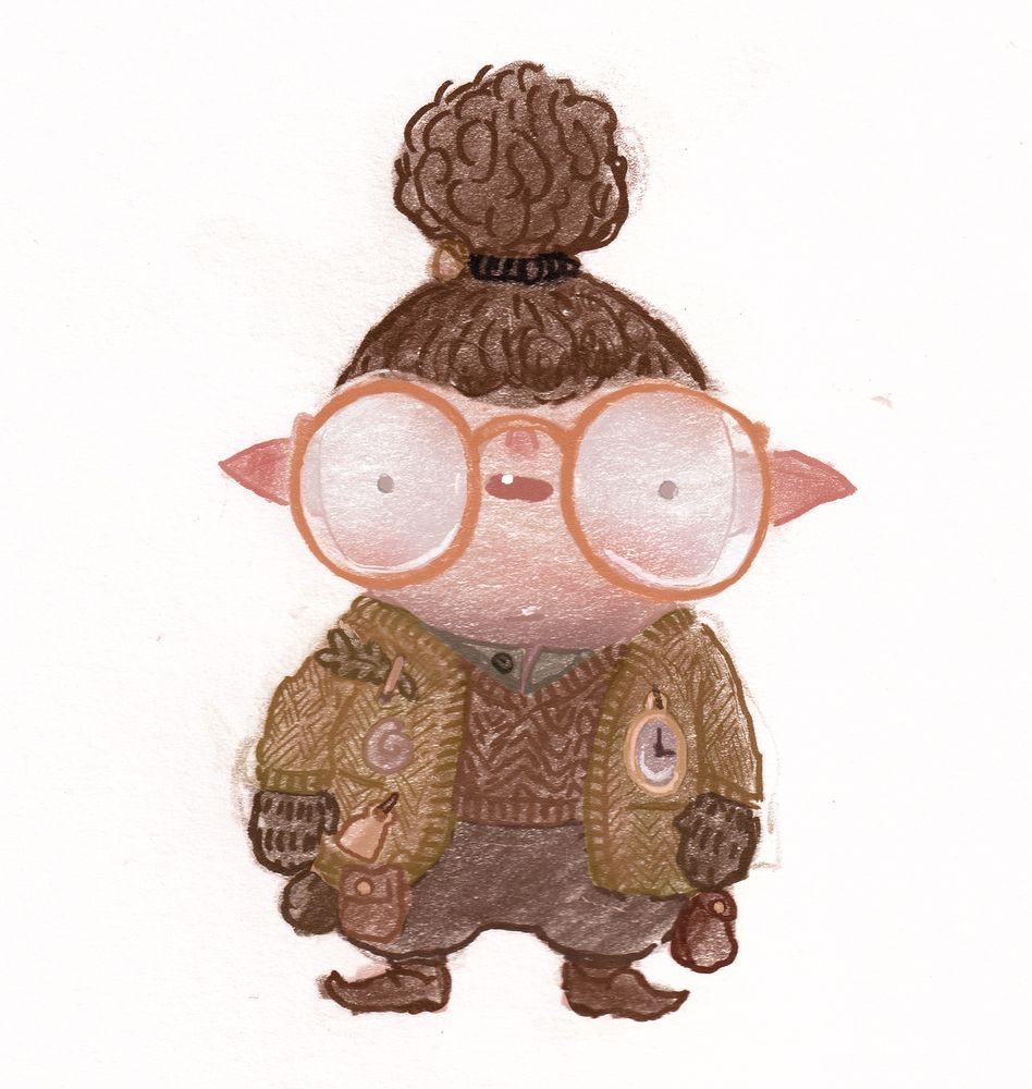 a drawing of a goblin with big round glasses wearing a knitted cardigan and vest