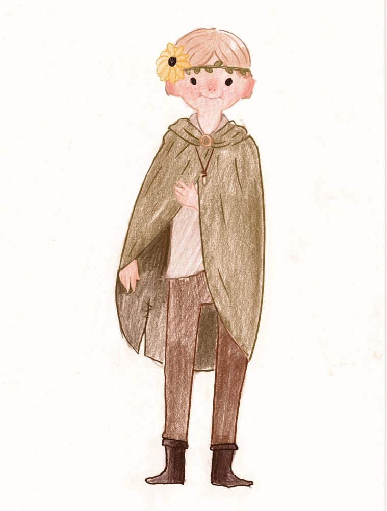 drawing of a person wearing a cloak with a sunflower in their hair