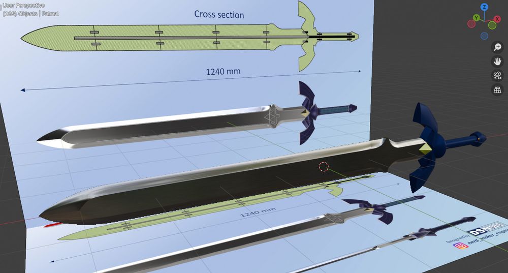 Blender 4.2 workspace of work in progress master sword