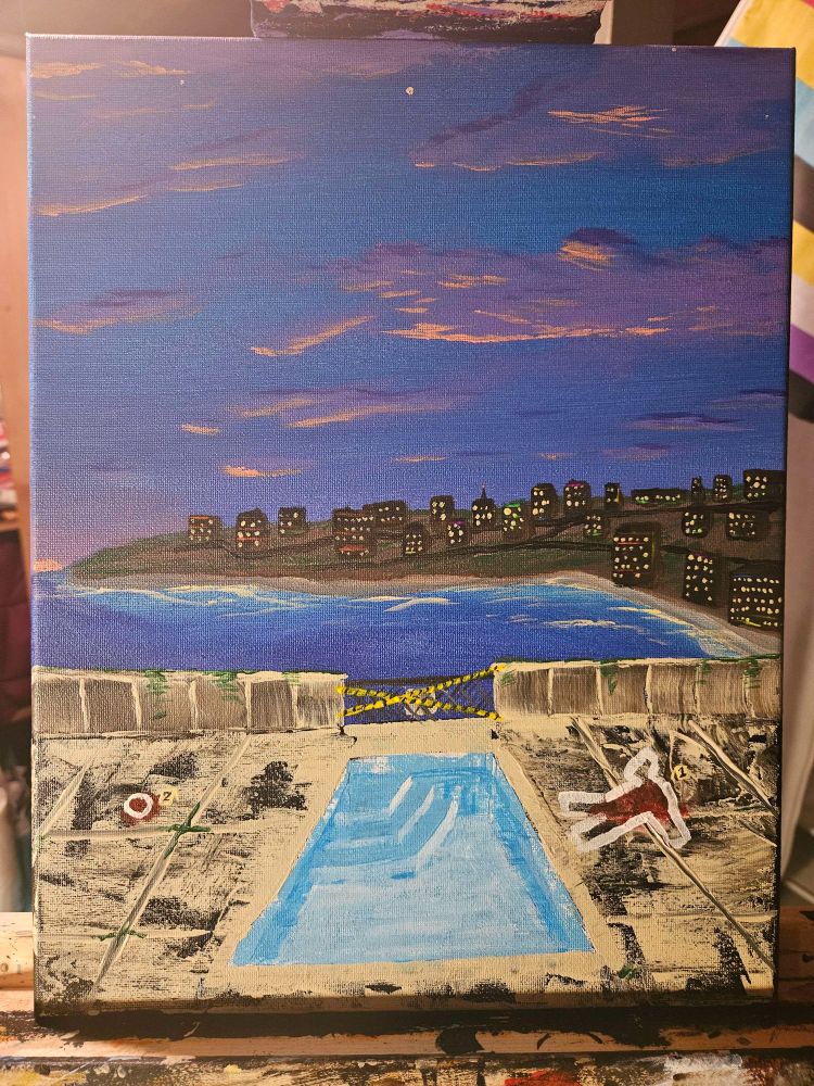 an acrylic painting that depicts clouds at sunset hanging over a distant seaside cove city. The foreground shows a sandstone courtyard with a drained pool, fenced off with chain link and caution tape. There are red stains on the ground on the left and right; chalk lines outline where a torso was on the right and a head on the left. 