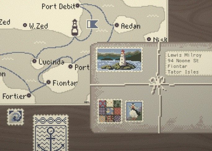 A parcel addressed to Tator Isles sits precociously on the postmaster's desk, bearing postage depicting a lighthouse, a quilt, and a puffin, respectively. And there it sits silently, awaiting being condemned to a journey by ship.