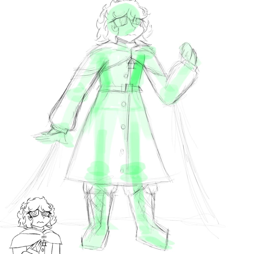 A large sketch of Sinclair in a long coat with a belt around their waist, large boots and a long cloak with a small lantern charm beneath it. In the bottom left corner is the first ever drawing of Sinclair, looking anxious as always.