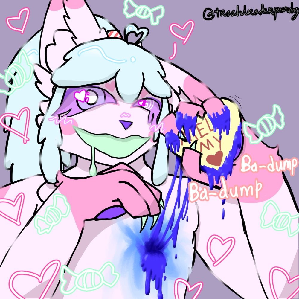 A pastel coloured anthropomorphic cat, holding his own heart which he tore out of his chest. His heart is one of those candy hearts with messages on them, currently it says "MELT MY ❤️" though this is obscured by his paw.