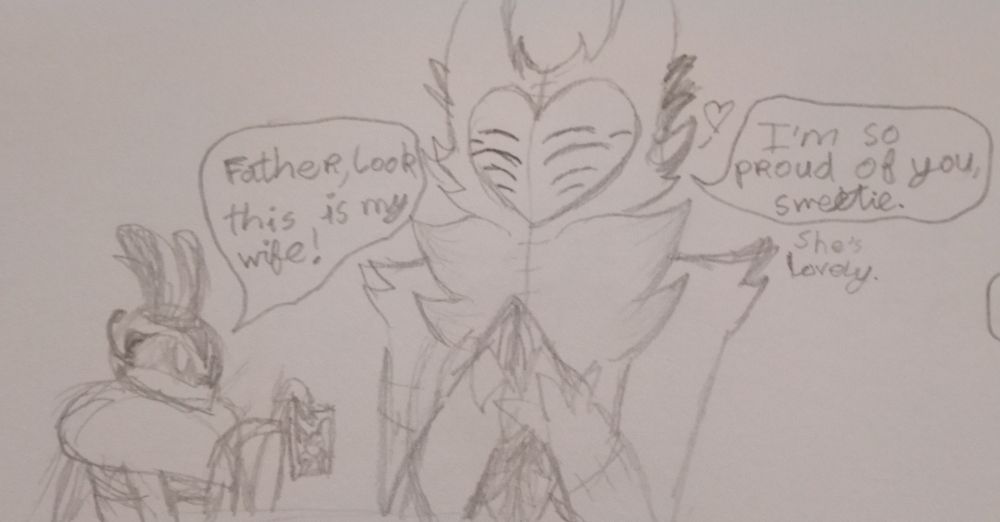 One of Marione's daughters (who is either a bee or wasp idk yet) holding up a barely visible photo of a butterfly lady and saying "Father, look, this is my wife!"
Marione seems proud of her and is saying "I'm so proud of you, sweetie. She's lovely."
