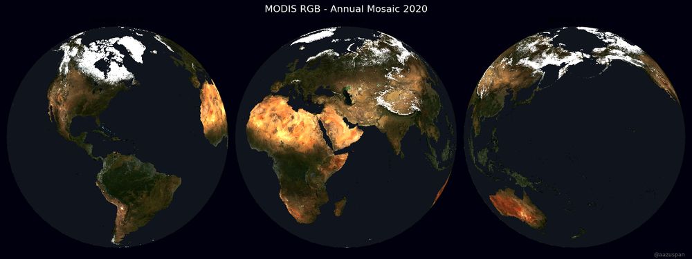 Title: MODIS RGB - Annual Mosaic 2020. Earth from 3 different angles in natural color, using real satellite imagery. It's an annual mosaic, so there's snow and ice around the Arctic circle.
