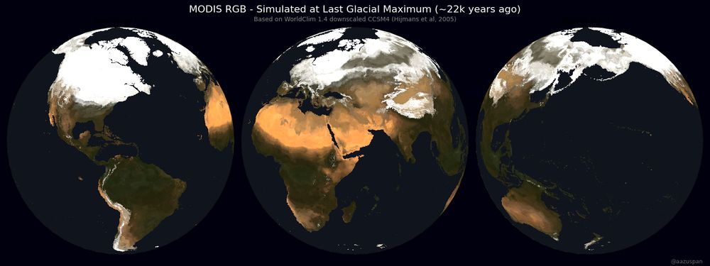 Title: MODIS RGB - Simulated at Last Glacial Maximum (~22k years ago). Subtitle: Basesd on WorldClim 1.4 downscaled CCSM (Hijmans et al, 2005). Earth from 3 different angles in natural color. It looks relatively similar to the modern world, but the northern hemisphere has much more ice and snow. Western Europe north of the Mediterranean, North America north of Kansas, and the Andes range in South America are white. Sea level was lower, so landforms are slightly larger than present day.