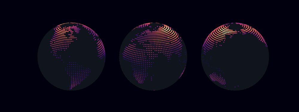 The globe from 3 different angles, showing a dense grid of colored points from dark purple to bright orange, representing annual temperature range.