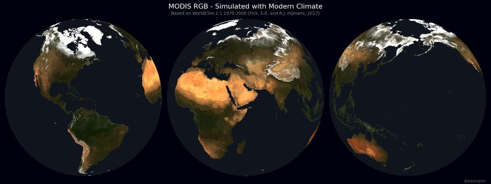 Title: MODIS RGB - Simulated with Modern Climate. Subtitle: Based on WorldClim 2.1 1970-2000 (Fick, S.E. and R.J Hijmans, 2017). Earth from 3 different angles in natural color. Some details are missing, but it looks very much like real satellite imagery of Earth.