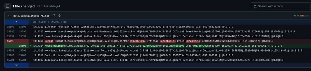 A git diff showing Denali renamed to Mt. Mckinley by executive order