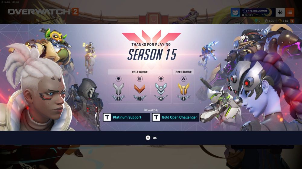 The Overwatch 2 Season 15 "Thanks For Playing" as apart of the new Season 16. 
Role Queue ranks: Silver 1 Tank, Bronze 1 DPS, Plat 5 Support
Open Queue Rank: Gold 3
Rewards: Platinum Support Title (and charm), Gold Open Challenger Title.