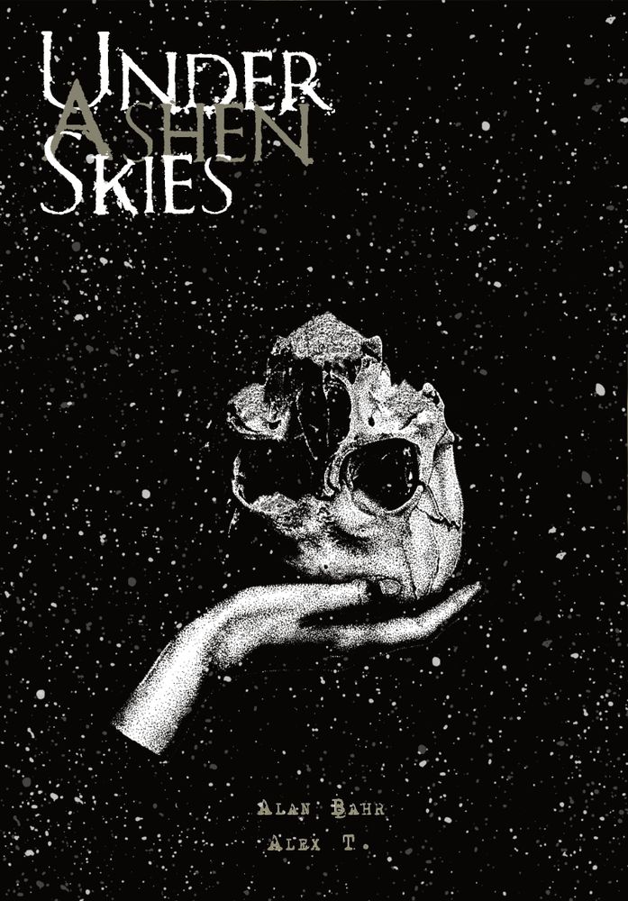 Under Ashen Skies solo ttrpg cover.  A disembodied hand floating in a star-specked void holding an upside down skull.