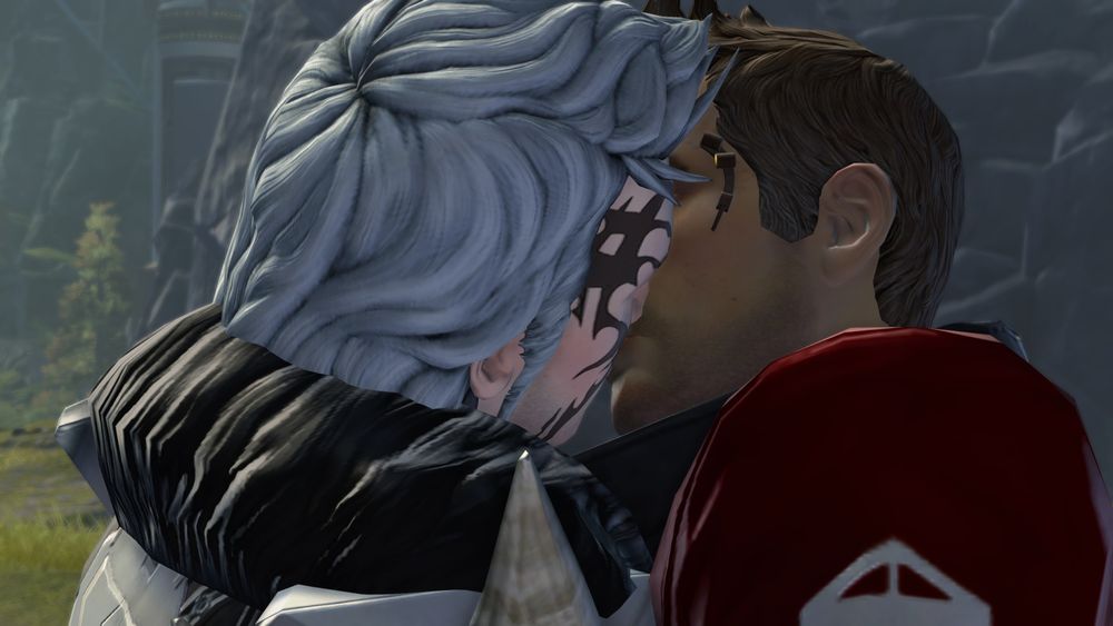 A male player character kissing Theron Shan.