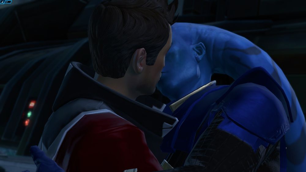 A male player character kissing Theron Shan, yes again.