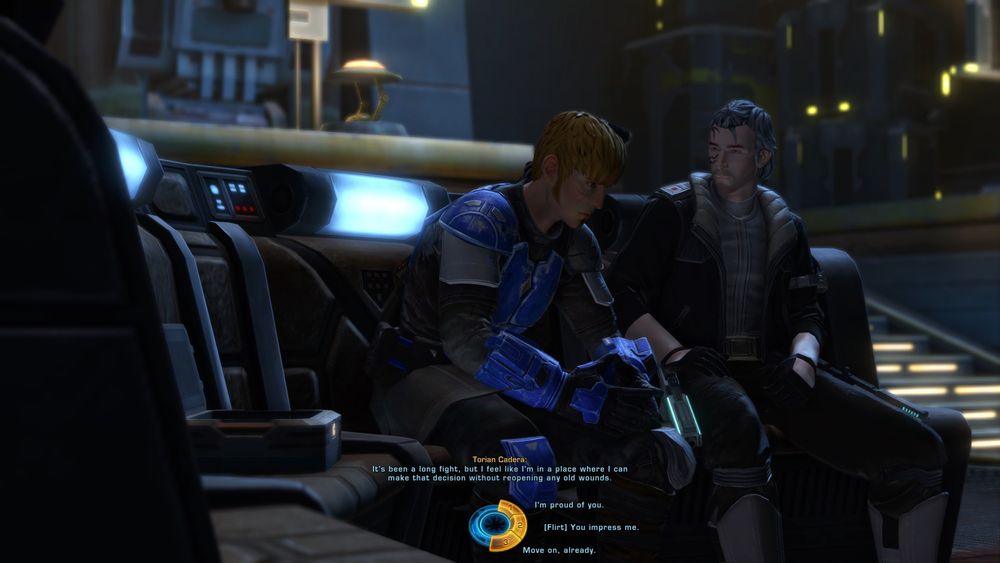 A male player character flirting with Torian Cadera FINALLY. 