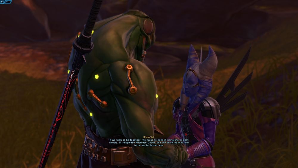 A male player character holding hands with Khem Val, who is a big alien monster. yeah.