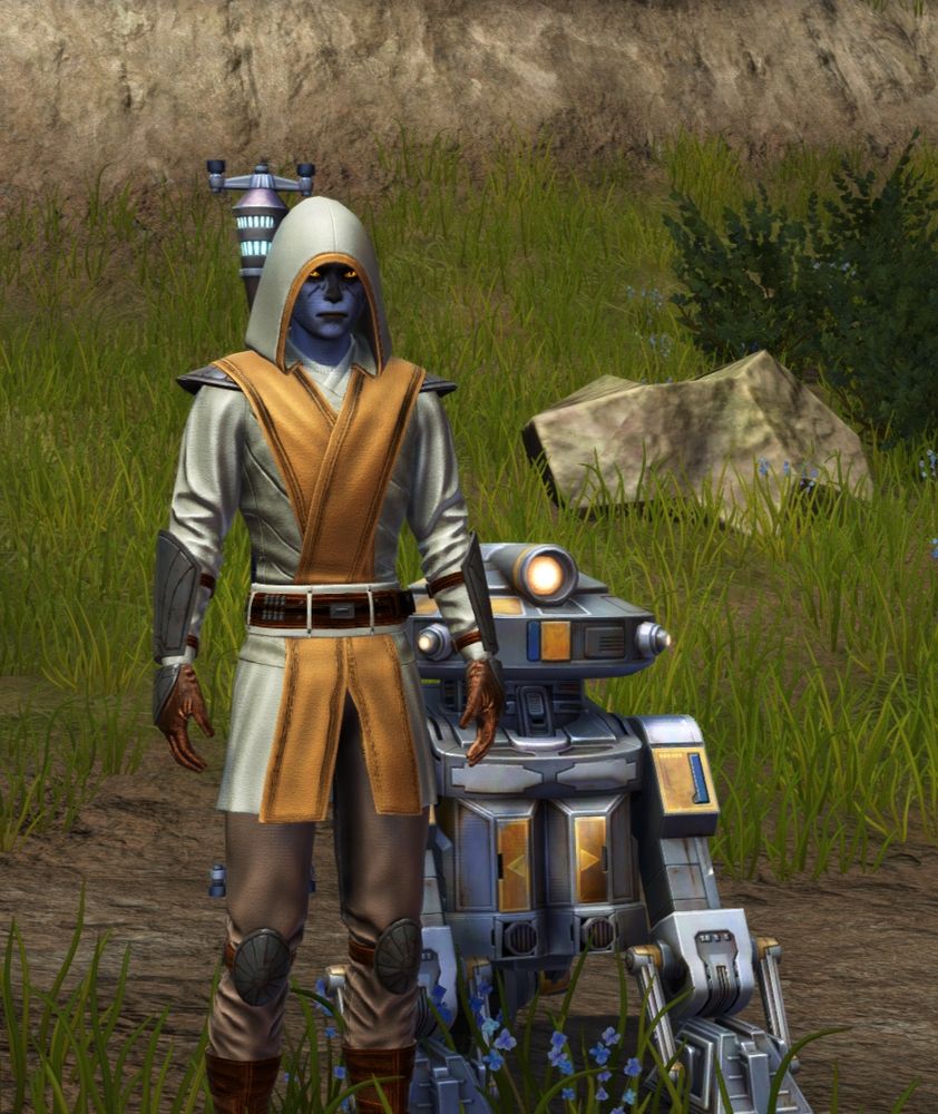 a screenshot from the game star wars the old republic showing a male cathar jedi and an astromech droid.