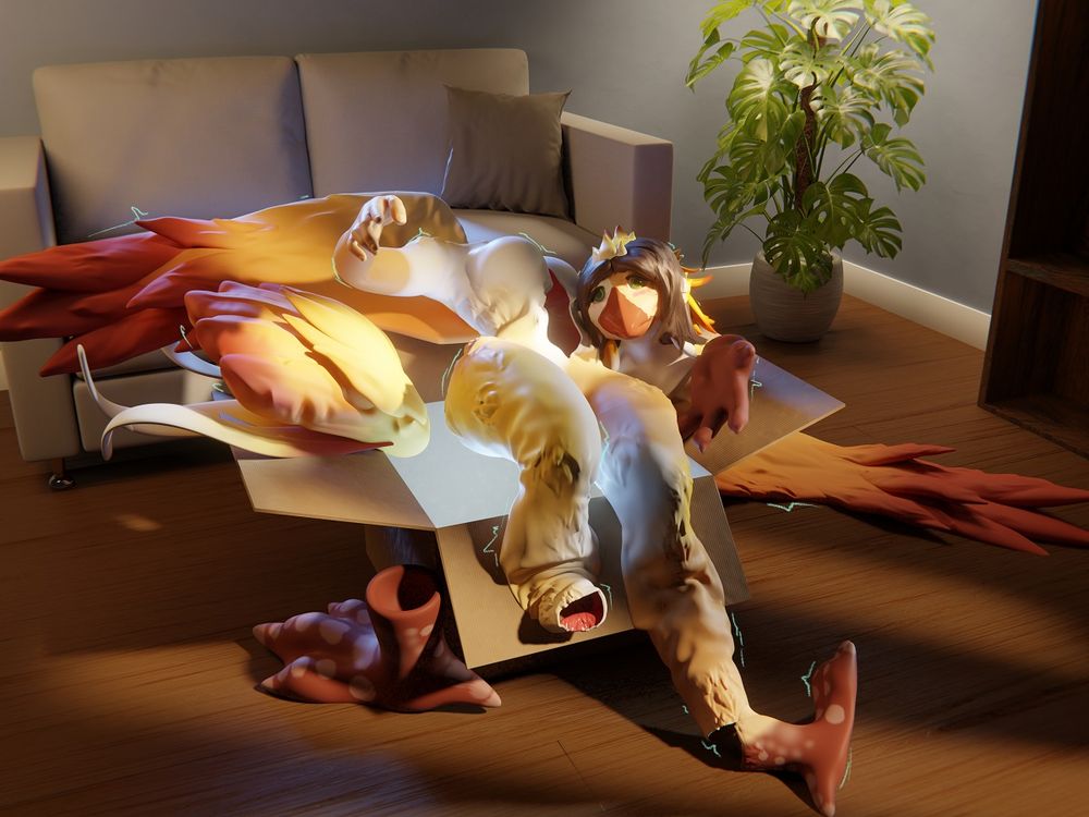 ty turning into a fursuit of their phoenix and falling into a glowing cardboard box