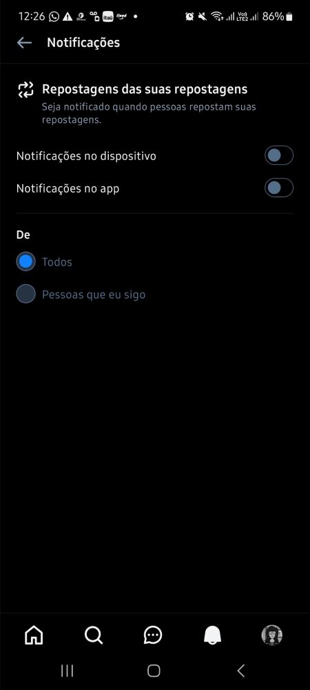 printscreen de tela de configuração de notificações de repostagens de repostagens com a opção de desabilitar as notificações dessa atividade 
