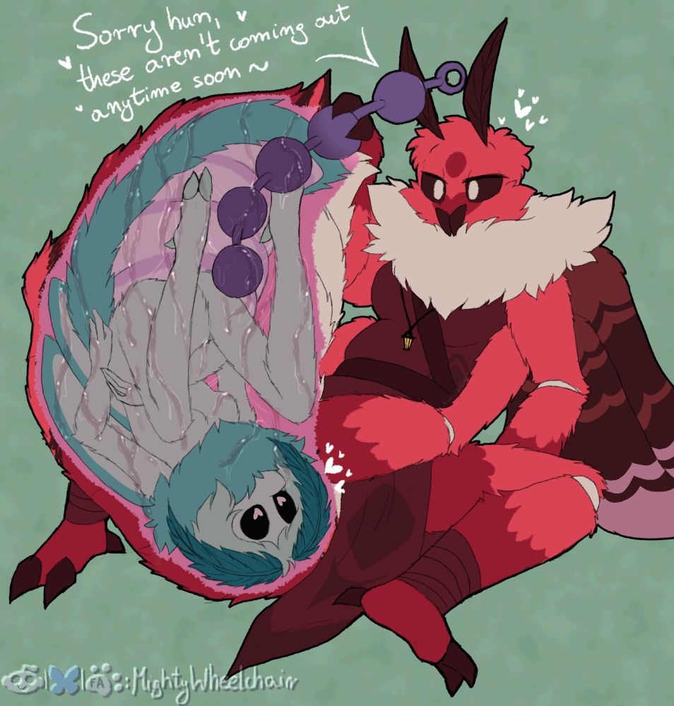 An alternative version of the original drawing.
Nia the moth half-sitting with her legs spread and her weight supported by 2 of her arms, while her 3rd is caressing her full abdomen and the last is pushing large, purple anal beads into her abdomen.
You can see Dronky the moth stuck upside down in her abdomen, with its legs bent and arms by its body. Its pupils are hearts. You can also see the remaining beads inside the abdomen.
Nia says: "Sorry hun, these aren't coming out anytime soon~" 