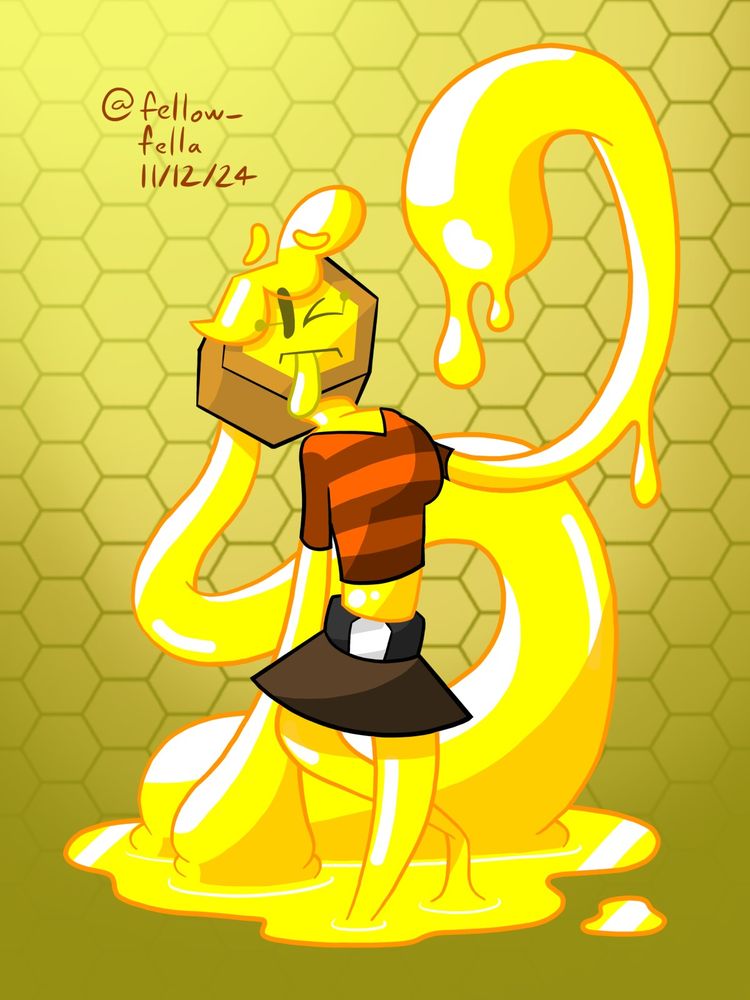 Paisy, a slime girl made of honey, standing in front of a background with a honeycomb pattern. Her head is shaped like a hexagon akin to that from a bee's honeycomb, and her arms and ponytail are long enough to touch the ground. She's also wearing an orange t-shirt with brown horizontal stripes and a brown skirt  with a dark-grey belt, her stomach exposed between the two. A puddle of honey has formed around where she's standing, which she's visibly concerned about.

(made in November 2024)