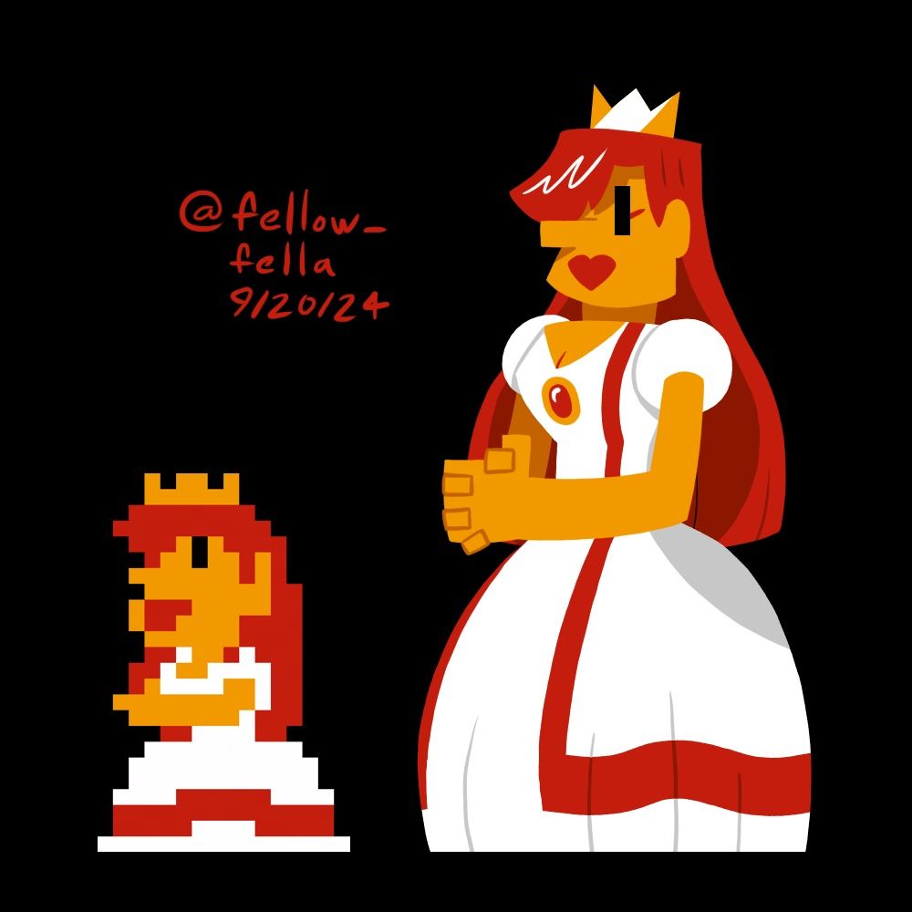 A redraw of Peach's sprite from Super Mario Bros. (1985, Nintendo Entertainment System/Famicom), limited color palette and all.
The redraw in question is a more literal interpretation of the sprite, featuring black bead eyes, a somewhat squared jawline, a long, rectangular Pinocchio-esque nose, and a bang of red hair covering Peach's right eye.

(made in September 2024)