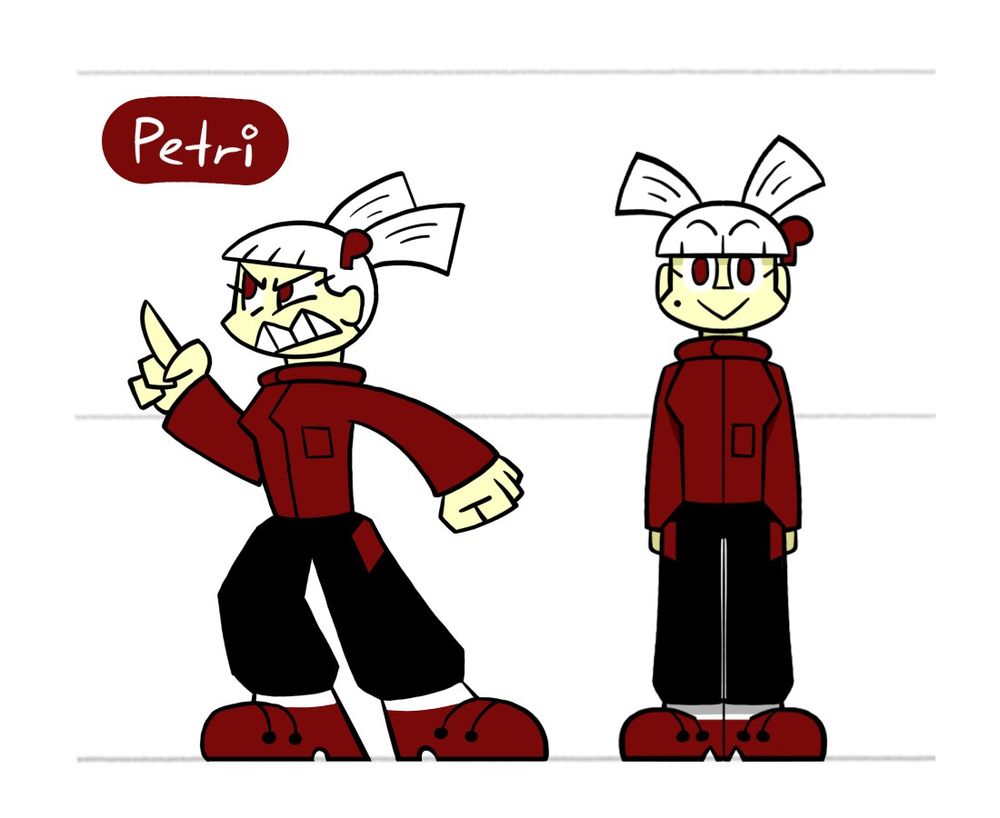 Petri, a teenage girl with white hair and rabbit-ear-looking pigtails wearing a dark-red jacket with a pocket on the right side, baggy black pants, dark-red boots and a lowercase "p" hairclip on the left side of her head.