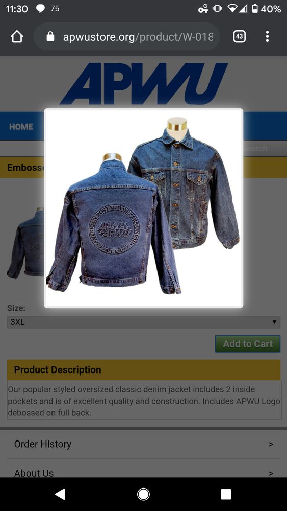 Screenshot of APWU Jean jackets in their store 