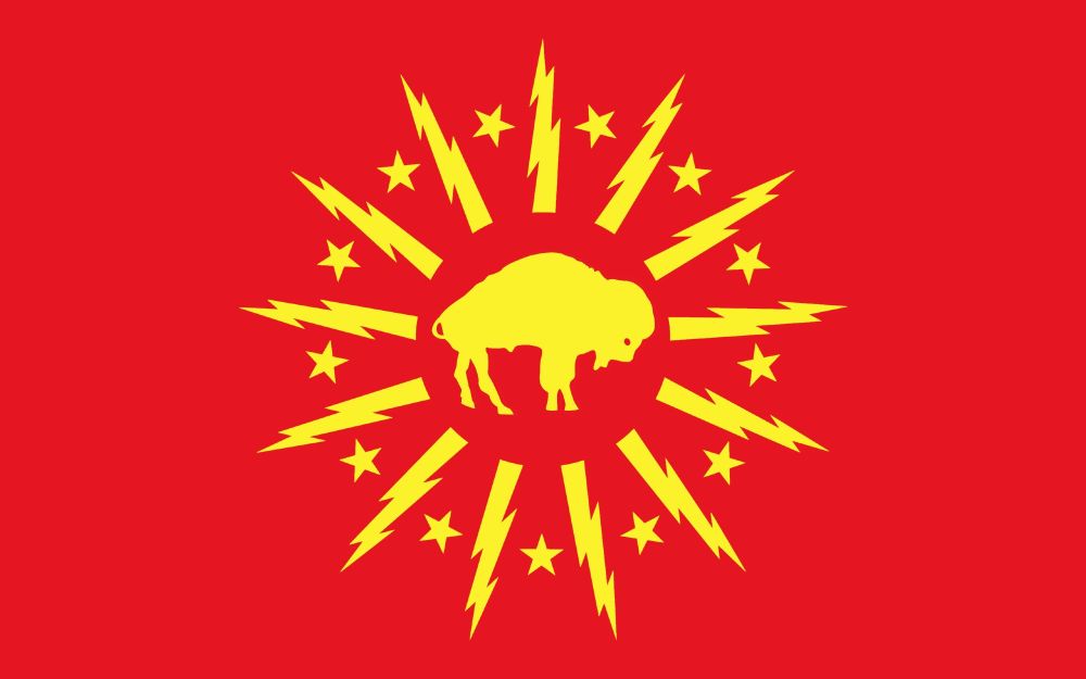 Buffalo city flag in red background and yellow design. Lighting bolts from the flag and a standing buffalo in the middle 